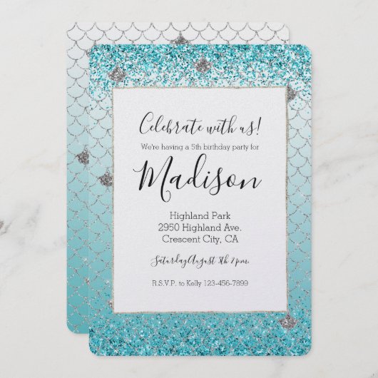女の子のアクアシルバーグリッターきらきらマーメイド 招待状 (正面/裏面)