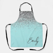 女の子のアクアブルー ティール グリッター モノグラム エプロン (正面)