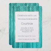 女の子のアクアミントチタンストライプ ゴールド 21歳の誕生日 招待状 (正面/裏面)