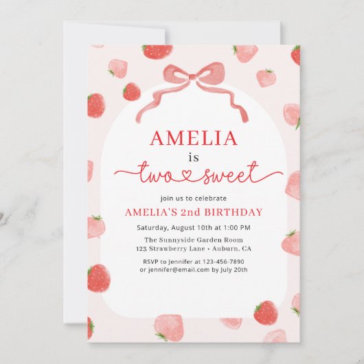 女の子のイチゴ2つの甘い弓2番目の誕生日 招待状 (正面)