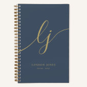 女の子のイニシャル モノグラム カリグラフィー ネイビー ゴールド ノートブック (正面)