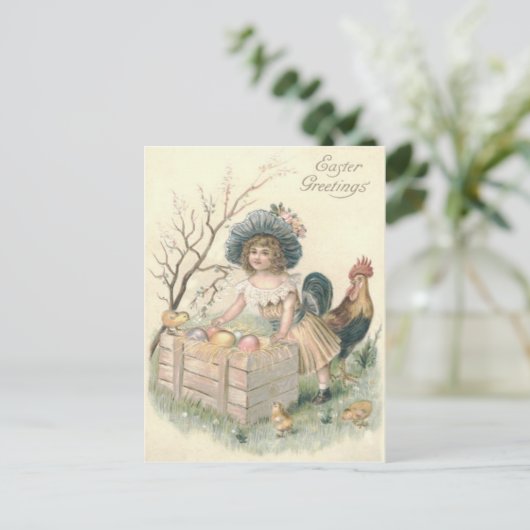 女の子のイースターシックの鶏の色の卵 シーズンポストカード (スタンド正面)