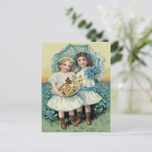 女の子のイースタービクトリアンなひよこは私をないUmbrell忘れます シーズンポストカード (スタンド正面)