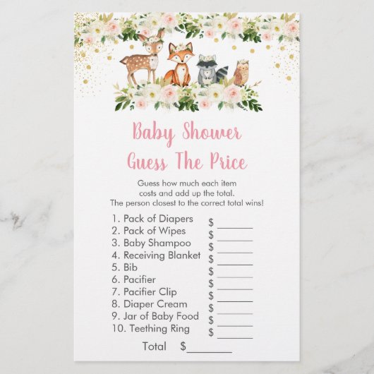 女の子のウッドランドは、価格ベビーシャワーゲームを推測 (正面)