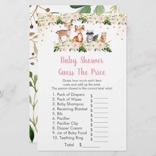 女の子のウッドランドは、価格ベビーシャワーゲームを推測 (正面/裏面)