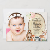 女の子のウッドランド動物の最初の誕生日の写真1 招待状 (正面)