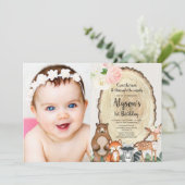 女の子のウッドランド動物の最初の誕生日の写真1 招待状 (スタンド正面)