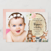 女の子のウッドランド動物の最初の誕生日の写真1 招待状 (正面/裏面)