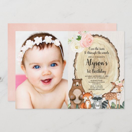 女の子のウッドランド動物の最初の誕生日の写真1 招待状 (正面/裏面)