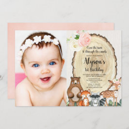 女の子のウッドランド動物の最初の誕生日の写真1 招待状