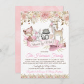 女の子のウッドランド動物メール仮想ベビーシャワー 招待状 (正面/裏面)
