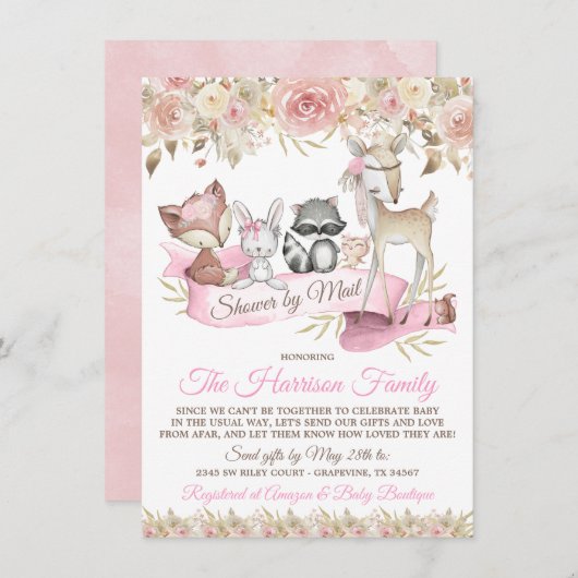 女の子のウッドランド動物メール仮想ベビーシャワー 招待状 (正面/裏面)
