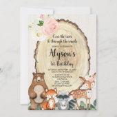 女の子のウッドランド動物最初の誕生日パーティー 招待状 (正面)