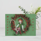 女の子のエルフがクリスマスリースに座ったホリデー招待状 招待状 (スタンド正面)