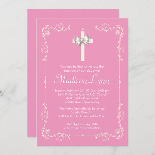 女の子のエレガントな洗礼|の洗礼を施すエレガントな十字 招待状 (正面/裏面)