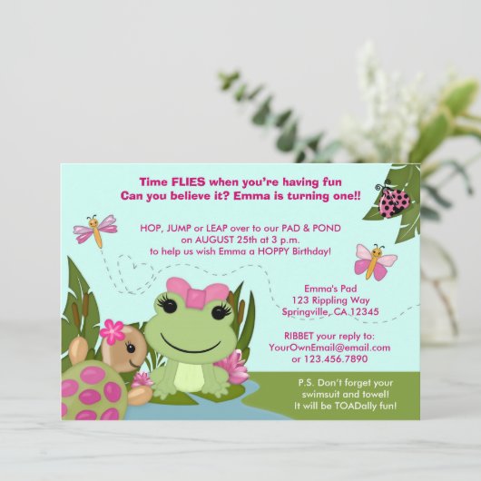 女の子のカエルの誕生日の招待のピンクの池のカメ 招待状 (スタンド正面)