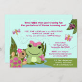 女の子のカエルの誕生日の招待のピンクの池のカメ 招待状 (正面/裏面)