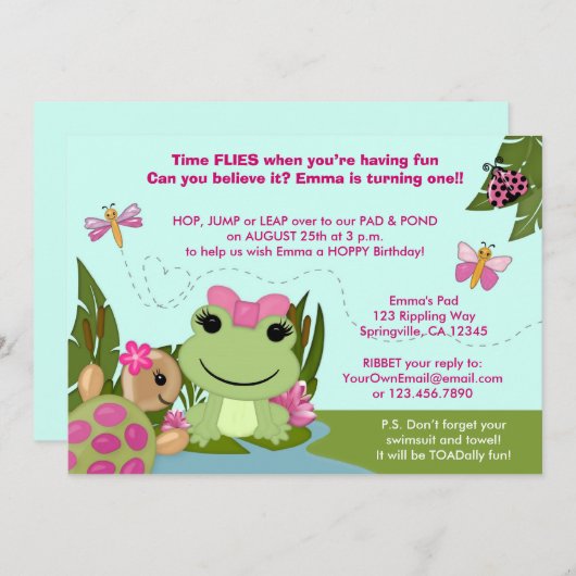 女の子のカエルの誕生日の招待のピンクの池のカメ 招待状 (正面/裏面)