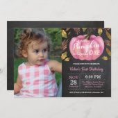 女の子のカボチャ最初誕生日の招待状のピンク 招待状 (正面/裏面)
