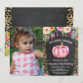 女の子のカボチャ最初誕生日の花の金ゴールドの黒板 招待状 (正面/裏面)