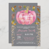 女の子のカボチャ秋のベビーシャワーの金ゴールドのグリッター 招待状 (正面/裏面)