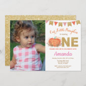 女の子のカボチャ秋の誕生日の招待状の金ゴールドのグリッター 招待状 (正面/裏面)