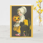 女の子のカボチャ黒猫のヴィンテージのハロウィンカード カード (黄色い花)