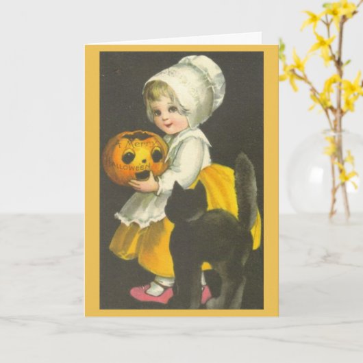 女の子のカボチャ黒猫のヴィンテージのハロウィンカード カード (黄色い花)