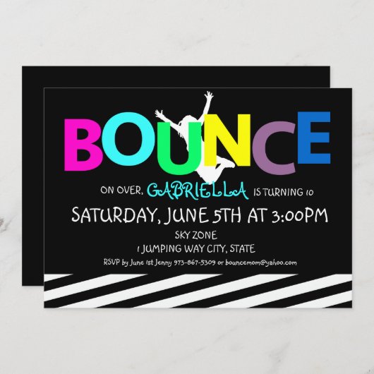 女の子のカラフルなトランポリンの跳ね上がりのパーティの招待状 招待状 (正面/裏面)
