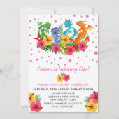 女の子のカラフルな恐竜の熱帯最初誕生日 招待状 (正面)