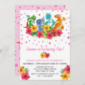 女の子のカラフルな恐竜の熱帯最初誕生日 招待状 (正面/裏面)