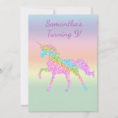 女の子のカラフルな輝くユニコーンパーティー招待状 招待状 (正面)