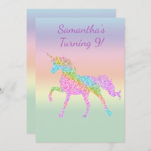 女の子のカラフルな輝くユニコーンパーティー招待状 招待状 (正面/裏面)