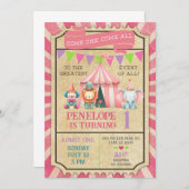 女の子のカーニバル/サーカスチケット ピンクの誕生日招待状 招待状 (正面/裏面)