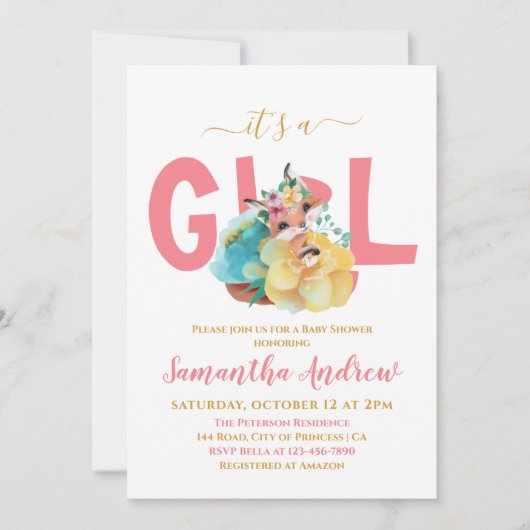 女の子のキツネのかわいらしスケッチ 招待状 (正面)