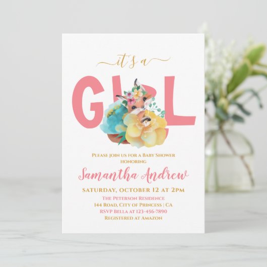 女の子のキツネのかわいらしスケッチ 招待状 (スタンド正面)