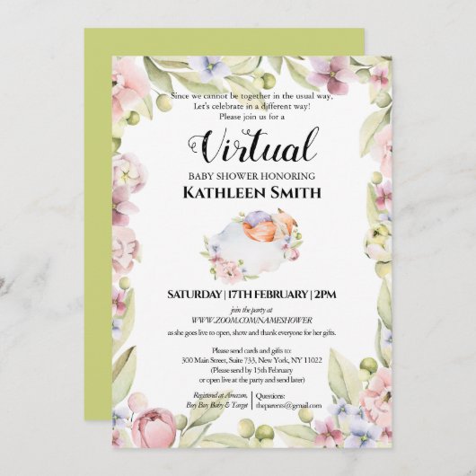 女の子のキツネエレガントフローラ緑化バーチャルシャワー 招待状 (正面/裏面)