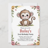 女の子のキュートなサル ジャングル誕生日パーティー 招待状 (正面)