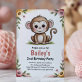 女の子のキュートなサル ジャングル誕生日パーティー 招待状