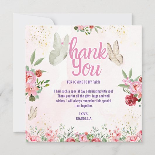 女の子のキュートなピンクとパープルの蝶の誕生日 サンキューカード (正面)