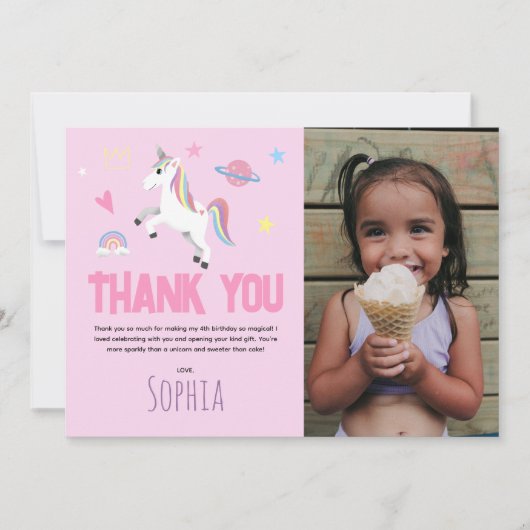 女の子のキュートなピンクユニコーンの誕生日 サンキューカード (正面)