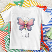 女の子のキュートな美意識  ピンクとグレーの蝶 ベビーTシャツ
