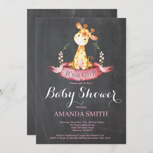 女の子のキリンのベビーシャワーの招待状の黒板 招待状 (正面/裏面)