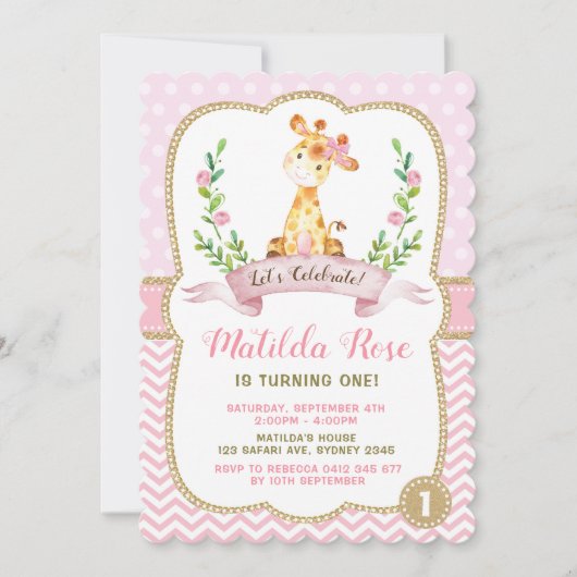 女の子のキリン 誕生日 ピンク ゴールド ジャングル 招待状 (正面)