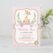 女の子のキリン 誕生日 ピンク ゴールド ジャングル 招待状 (スタンド正面)