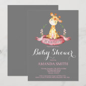 女の子のキリン 赤ちゃんシャワー招待状 ピンクとグレー 招待状 (正面/裏面)