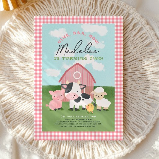 女の子のギンガムファームバーニヤード2歳の誕生日 招待状