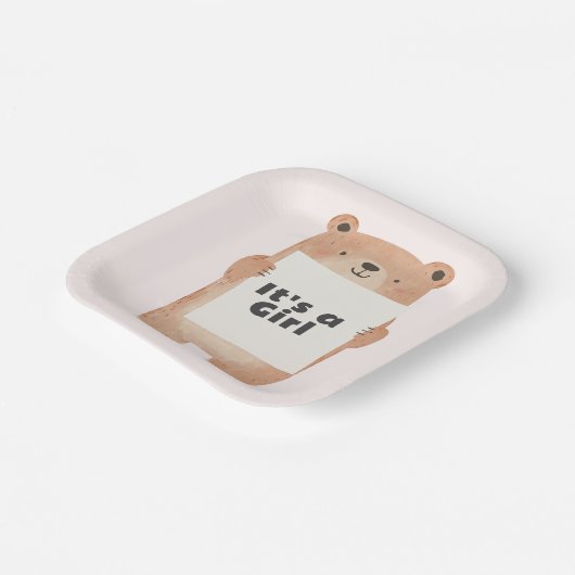 女の子のクマのベイビーシャワーピンク ペーパープレート (傾斜あり)