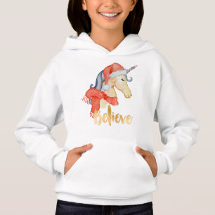 女の子のクリスマスのユニコーンのフード付き信じスウェットシャツ