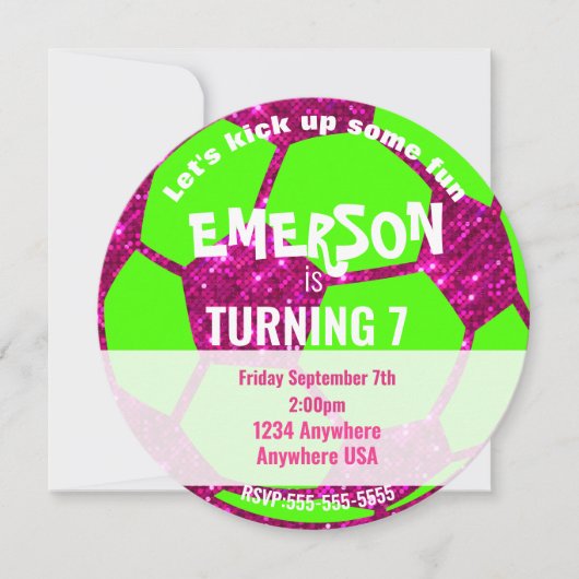 女の子のグリッターのサッカーボールの誕生日、ピンクのネオン 招待状 (正面)